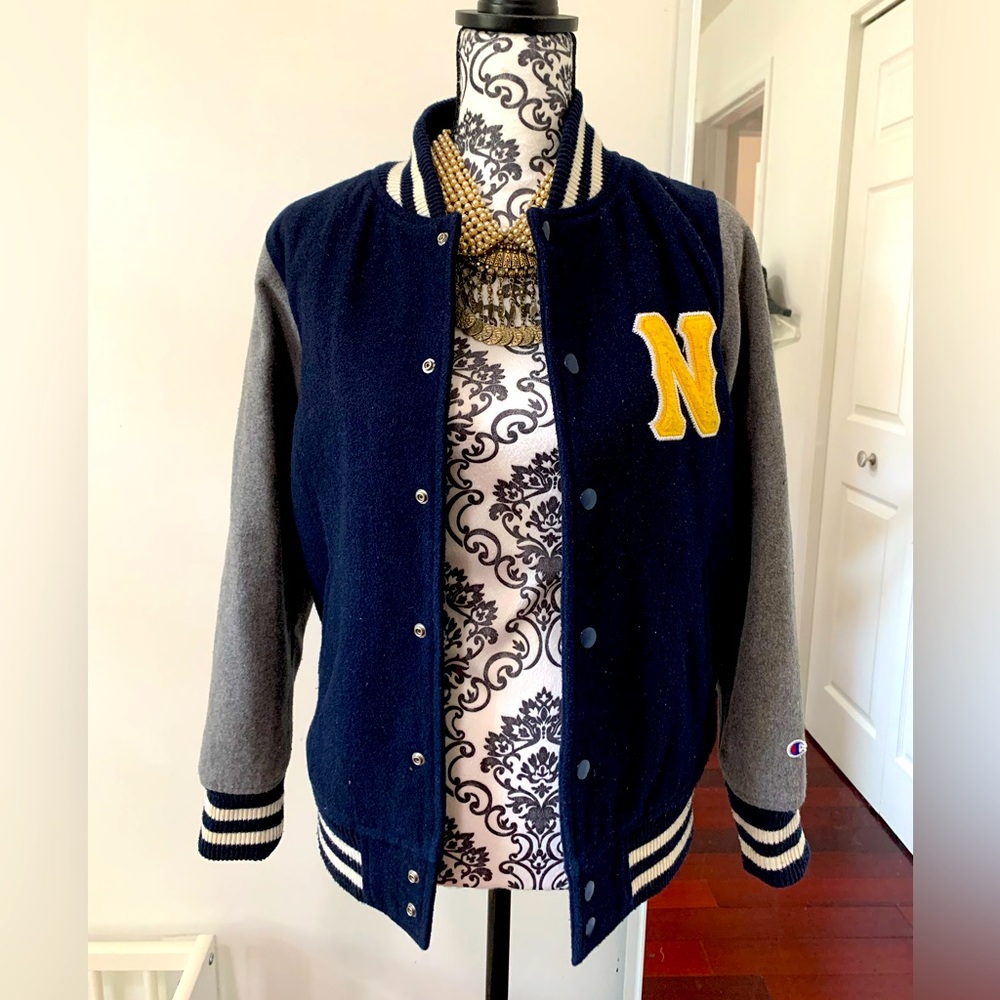 Champion Women's Varsity Jacket in Navy and Gray with Yellow Accent